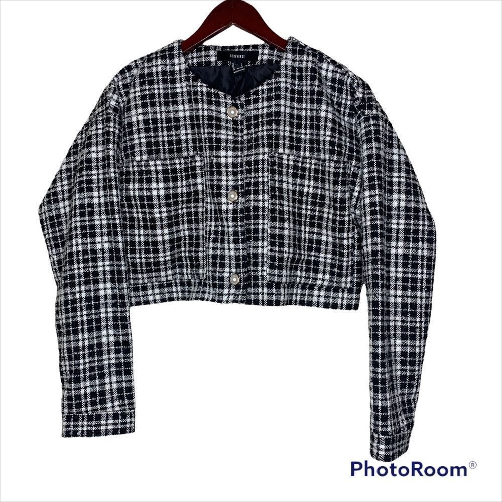 Forever 21 Blazer Cropped Tweed Plaid Small
